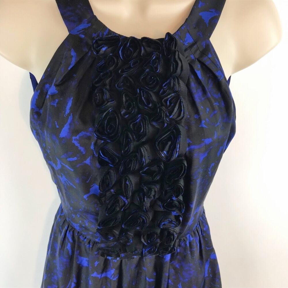 J. Crew 100% Silk Blue & Black A-line Dress Embellished Roses Size XS/0 - Picture 5 of 6